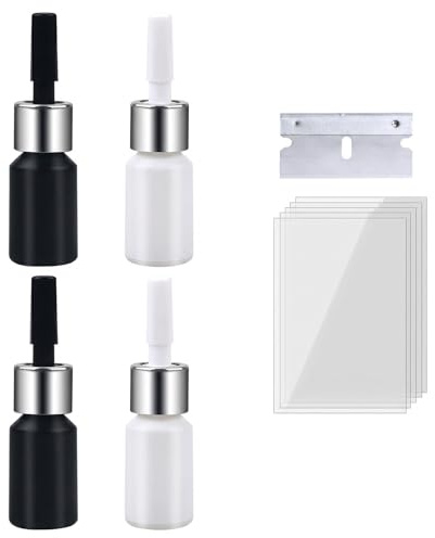 Kit de Reparación de Parabrisas de Coche, 4 Botellas de Líquido Reparador de Cristales para Grietas, Arañazos y Lunas Rotas, Resina Profesional con Películas de Curado, 4 x 3ml, Blanco y Negro