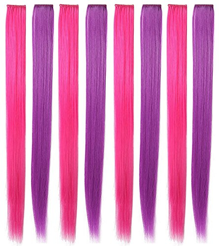 Rhyme 21'' 8PCS Pink Purple Hair Pieces for Girls Princess Party Highlight Colored Hair Extensions Clip in/On for Girls and Woman Wig Pieces (Purple,Pink) | Light weight,Natural look,Easy application,Colorfast,Clip-in installation,Party Hightlight,Gift,Girls hair accessories