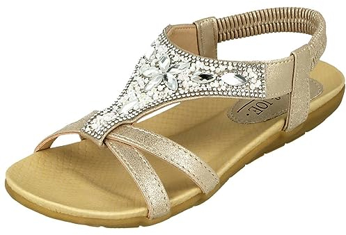 Jo & Joe Ladies Faux Leather Peep Open Toe Sling Back T-Bar Dimante Flat Flip Flop Sandals Size 3-8 (UK 6, Gold)