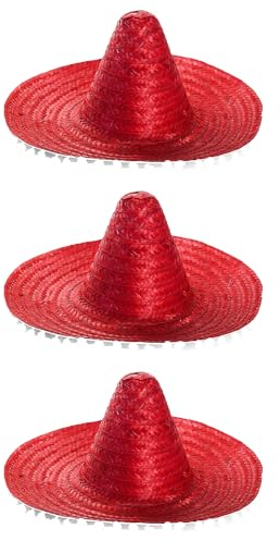 Sombreros mexicanos para adultos, paquete de 3 sombreros de paja roja con bordes de pompón, accesorio de disfraz del Cinco de Mayo de México