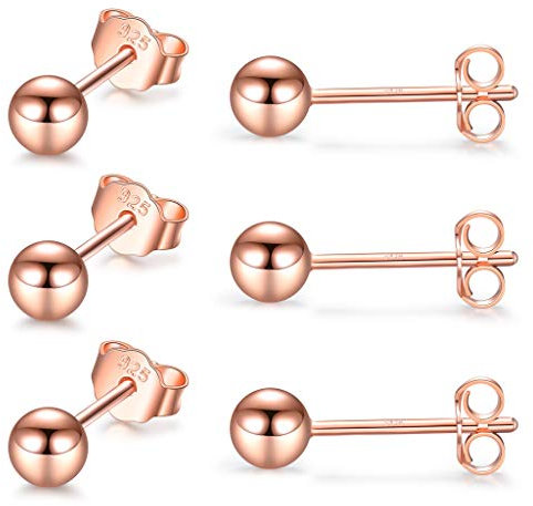 CERSLIMO Silver Stud Earrings for Women Men Girls, 3 Pairs Sterling Silver Tiny Ball Stud Earrings Small Dot Studs Dainty Cartilage Tragus Sleeper Earrings Set (4mm, Rose Gold)