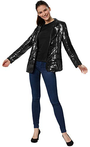 dressforfun Blazer Damen, Kostüm Damen Pailletten Oberteil Damen, Glitzer Oberteile Damen, Jackett, Faschingskostüm, Disco Kostüm Damen, Rave Outfit Damen, 80er Jahre Outfit, schwarz, XXL