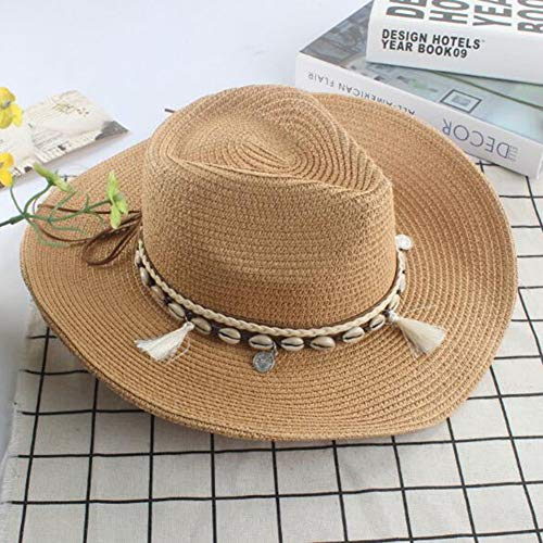 Zhenwo Damen Strohhut Western Cowboy Hut Sommer Elegant Lady Cowgirl Sombrero Sonnenhut Mit Quaste Band Jazz Hut Weiß Weiß 55-58 cm,4