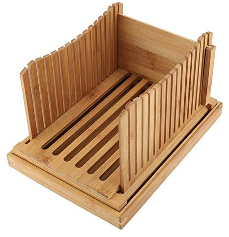 zhoul Nature Bamboo Affettatrice per pane con vassoio raccogli briciole, guida tagliere per toast compatto e pieghevole Tagliapagnotte per panini con bagel