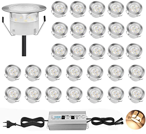 CHNXU 30er Set Terrassen Einbaustrahler LED Bodeneinbauleuchten, Warmes Weiß Terrassenbeleuchtung Ø45mm 1W Boden Licht IP67 Wasserdicht Außenleuchten für Garten Gehweg Küche Balkon Treppen Holzdeck