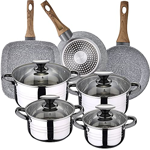 Bateria de cocina 8 piezas SAN IGNACIO Dina, acero inoxidable, con juego sartenes (18/22 cm) y grill 28x28 cm SAN IGNACIO Daimiel en aluminio forjado