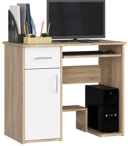 AKORD | Escritorio para PC Jay con Estante para Teclado | Escritorio de Oficina | Escritorio de Ordenador | Mesa de Oficina | L90 x H74 x P50 cm 29 kg | Roble Sonoma & Blanco