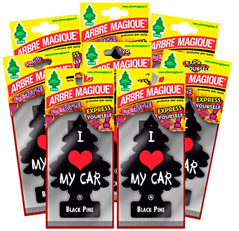 Arbre Magique Mono - Parfum de Voiture Noir Pin, Dynamique et Énergique - Durée Jusqu'à 7 Semaines - Fabriqué en Italie - Lot de 8 Pièces