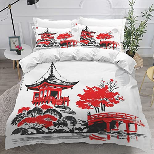 RLYXGS Tempel Bettwäsche 200x200cm 3D Drucken KyōTo, Japan Bettbezug Set für Jungen Mädchen Teens Kinderbettwäsche Mikrofaser Weiche Luxus Bettwaren Raumdekor 3-teiliges +2 Kissenbezug 80x80