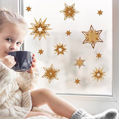 Wandtattoo Loft Fensterbilder Weihnachten mit Sternen in Holzoptik – Wiederverwendbar – A4 Bogen, 17 Sticker – Weihnachstdeko Fenster Kinderzimmer, Weihnachtsbilder Fenster, Fensterbild Winter