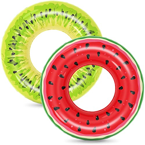 Jasonwell Inflatable Pool Floats Kids - 2 Pack Floaties Pool Tubes Swim Rings Fruit Water Floaty Watermelon Kiwi Inflatable Beach Lake Float Pool Toys for Swimming Pool Party Decorations