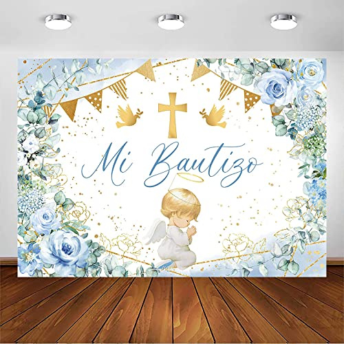 Avezano God Bless Telón de Fondo de Bautizo para niños Flores Azules Fondos de Mi Bautizo Decoraciones de Fiesta de Primera comunión Suministros de Fiesta de Baby Shower(7 x 5 pies)