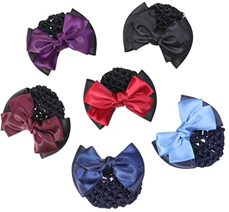 Lurrose 6Stücke Teiliges Haarschleifen Headdress für Damen Elastische Bun-netze mit Bogen-haarspangen in Rot Blau Schwarz Weinrot Dunkelviolett und Hellblau Büro und Besondere Anlässe