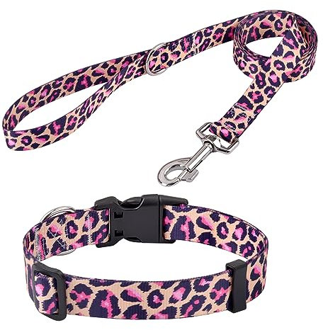 Mihqy Set Collare e Guinzaglio per Cani, Regolabile Collari per Cani, per Cuccioli di Taglia Piccola Media Grande, Bohémien, Floreale, Geometrico, Tribale Disegno(Set Rosa Leopardo,XS)