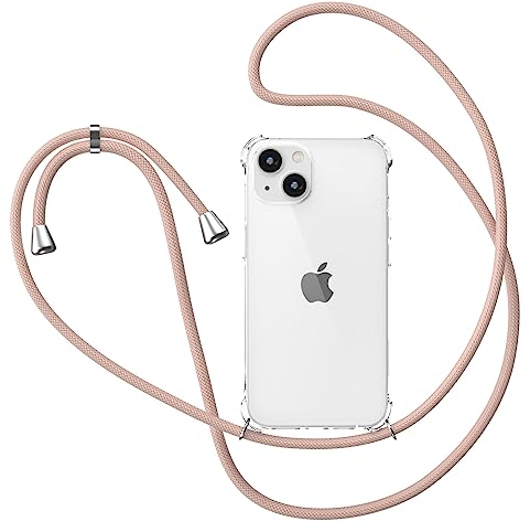 XTCASE Handykette Hülle für iPhone 13 Mini mit Band, Transparent Silikon Handyhülle für iPhone 13 Mini mit Kette Stossfest Schutzhülle - Schnur mit Case zum Umhängen in Roségold