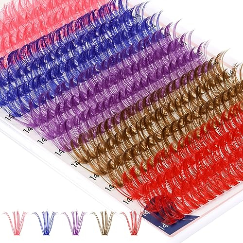 Crislashes Bunte Wimpern Karneval 300 Stück Wimpern Extensions Farbige, 5 Farben Wimpern Individuell Braun Lila Rosa Blau Rot 40D 14mm DIY Wimpern Y2K Cosplay Party (40D-14mm)