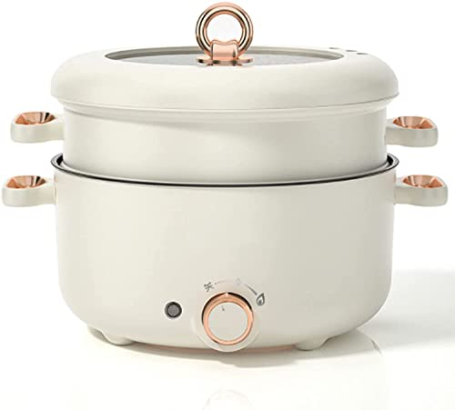 SilteD Electric Hot Pot 3L Mini Portable Electric Pan Non-Stick Multi-Cooker with Lid Temperature Adjustments For Travel/Dormitory (Beige)
