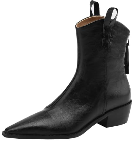 CUTEHEELS Bottines d'hiver en cuir véritable pour femme avec bout pointu et talon épais - Bottes de cowboy western avec fermeture éclair à l'arrière