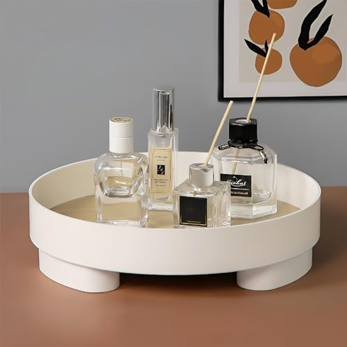 KUAOOAUK Round Bathroom Tray, Wooden Countertop Vanity Tray, White Decorative Storage Tray with Base for Home Toiletries Makeup Dresser Bathroom Perfume Jewelry Towel Decor