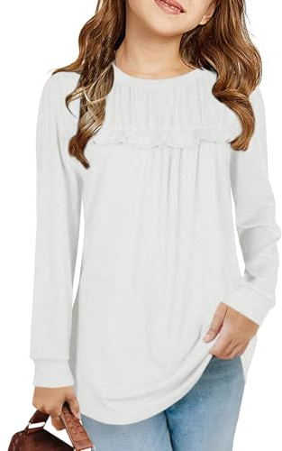 Haloumoning Girls' T-shirts, tunic, ruffles, long-sleeved shirts, leisure, loose tops, cute children's soft blouse