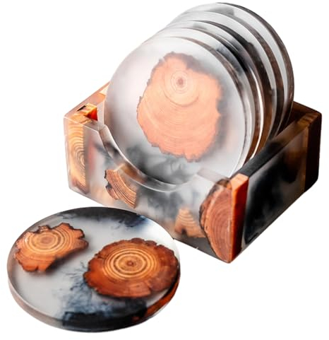 Epoxidharz Holz Untersetzer, 6 Stück Tischuntersetzer, Glasuntersetzer mit Aufbewahrungsbox, Epoxidharz Deko für Tassen, Gläser, Teetassen, Ideal für Tisch und Bar
