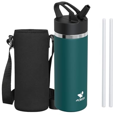 AORIN Trinkflasche Edelstahl, 500ml Auslaufsichere Wasserflasche mit Strohhalm, BPA-Frei Trinkflasche Kinder, Vakuumisolierte Thermoskanne für Sport, Schule, Fitness, Outdoor
