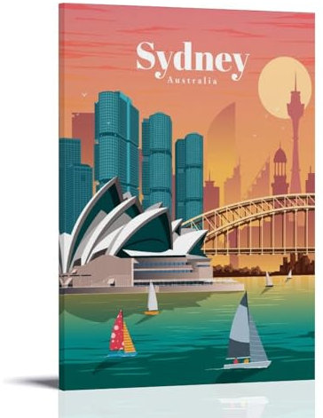 GAJUST Reise-Vintage-Poster, Reise nach Sydney, Leinwanddruck, Kunstposter, Rahmen, 20 x 30 cm