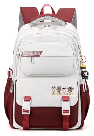 FANDARE Teenager Schulrucksack College-Schulrucksack Tagesrucksäcke Rucksack Schule Schultaschen Herren Damen Umhängetasche Daypack Schulranzen Laptop Rucksack für Ausflüge Uni Schule Büro Weiß Rot