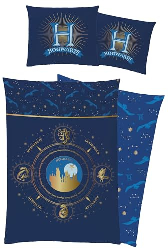Harry Potter Bettwäsche Sternenbild Blau 135 x 200 + 80 x 80 cm 100% Baumwolle Renforcé-Linon-Qualität Hogwarts Hedwig Gryffindor Hufflepuff Ravenclaw Slytherin mit Reißverschluss deutsche Größe
