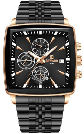 rorios Herren Quadratische Uhren Analog Quarz Armbanduhr Multifunktional Business Uhr Einfach Leuchtend Herrenuhr mit Edelstahl Armband Schwarz A