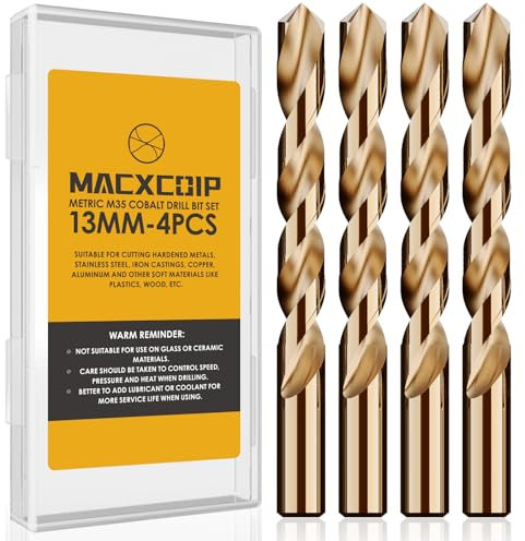 MACXCOIP Metric 4Pcs M35 Cobalt Drill Bit Set, 13mm HSS Cobalt Jobber Drill Bits, for Hardened Metals, Stainless Steel, Cast Iron and Wooden Plastics