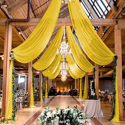 MODFUNS Gold Ceiling Draping Fabric Sheer Ceiling Drapes for Weddings 5x20ft 6 Panels Chiffon Arch Drapery Tent Ceiling Drape Vintage Tulle Curtain Backdrop for Ceremony Party Event Supplies