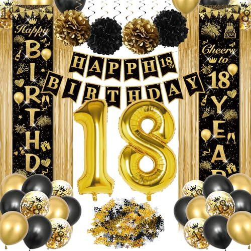 CHMMY 18 Geburtstag Deko Junge Mädchen, Geburtstagsdeko Schwarz Gold, Luftballons Schwarz Gold, Happy Birthday Girlande, Happy Birthday Tür Banner, Lametta Vorhang für 18 Geburtstag Deko