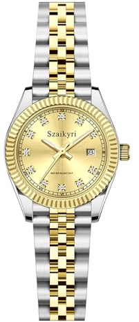 Szaikyri Klassische Damenuhr mit Festem Rostfreien Stahlgürtel Wasserdicht Armbanduhr Damen Kalender Uhr für Damen (Silver Gold)