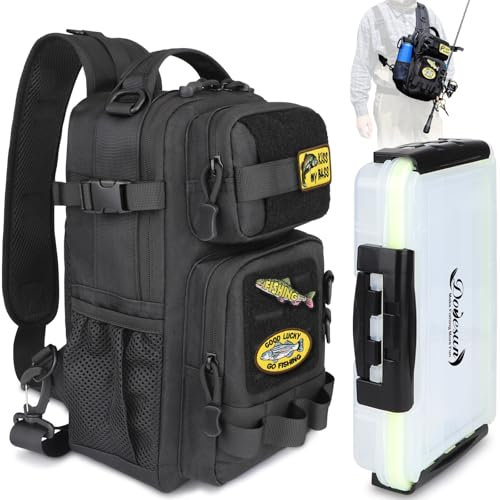 Dovesun Angelrucksack mit 3600 Tackle-Angelbox 1stk, DIY-Logos Angeltasche Angelrucksack zum Organisieren Aufbewahren von Angelzubehör Angeltasche für Angeln Wandern Camping Schwarz