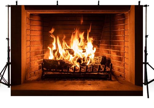 AIBIIN Toile de fond pour cheminée - 2,1 x 1,5 m - Mur de brique - Feu de bois - Photographie - Pour l'extérieur, les voyages, la maison - Bannière décorative - Accessoires photo