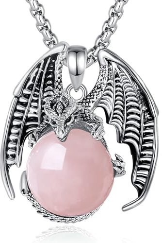 EUDORA Harmony Ball Collier Dragon en Quartz Rose pour Femme et Homme, Boule de Cristal de Guérison, Amulette énergétique en Cuivre Plaqué Argent, Pendentif Dragon Bijoux Cadeau, mari, 55,9 cm + 61 cm