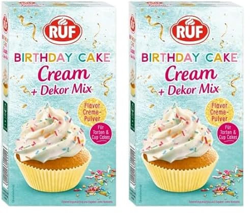 RUF Birthday Cake Cream, Cream-Pulver für eine lockere Torten-Creme in Geburtstags-Kuchen mit Vanille-Karamell-Geschmack & buntem Dekor-Mix, 1 x 110g (Packung mit 2)