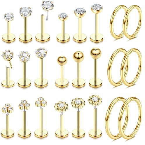 JeweBella 20G Nasenpiercing Chirurgenstahl Tragus Helix Piercing Gold/Silber Labret Piercing Nasenpiercing Ring Studs Septum Lippenpiercing Piercing Ohr Conch Medusa Piercing Set 6/8/10MM