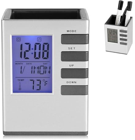 Beufee Wecker, Stifthalter, LCD-Elektronikuhr, elektronischer Kalender, LCD-Bildschirm, digitaler Tischkalender mit Temperaturanzeige für den Desktop