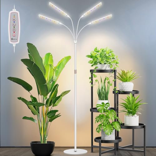 Kullsinss Pflanzenlampe LED mit Ständer, 4-Kopf Vollspektrum Pflanzenlicht für Zimmerpflanzen mit 4/8/12/16 Stunden, 3 Lichtmodi, 5 Helligkeit, höhenverstellbare Grow Light für Indoor Pflanzenwachstum