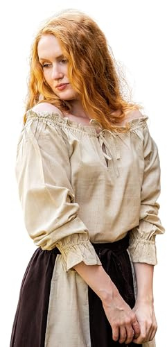 Leonardo Carbone® Damen Bluse Mittelalterbluse Edith | Offenschulterig | Rüschenärmel | Karneval, Halloween, Cosplay, LARP, Kostüm, Mittelalter, Festkleidung | 100% Baumwolle Hanf XL