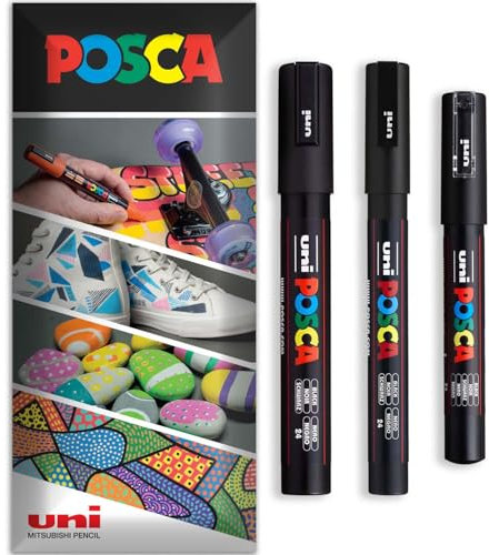 Posca - Water Based Permanent Marker Paint Pen - Multi Surface Use - PC-1M, PC-3M, PC-5M - Pack of 3 Pens in Wallet (Black)