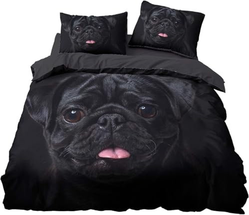 Pechiwuo Pug Bettwäsche 200x200 Weich Kuschelige Mikrofaser 3D Druck Schwarzes Muster Bettwäsche-Sets Bettbezug und 2 Kissenbezug 80x80 cm mit Reißverschluss z3455