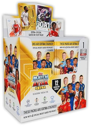 Topps Match Attax Extra 2025 - Full Box - 24 Päckchen mit Match Attax Extra 2025 (288 Karten). 12 Karten pro Päckchen mit 4 garantierten Special Inserts pro Päckchen.