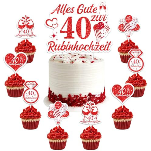 Jollyboom Rubinhochzeit Deko, 40 Hochzeitstag Dekoration Tortendeko Alles Gute Zum 40 Hochzeitstag Kuchen Deko Tortenaufsatz Cupcake Topper Rot für 40 Jahre Hochzeit Jubiläum Geburtstag Deko