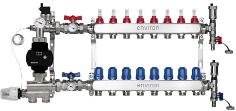 ENVIRON- Heizkreisverteiler [2-12 Heizkreise] mit Festwertregelset, Kugelhahn Set und Schnellentlüfter Set | Hocheffizienzpumpe (Environ Ecocirc 25/6, 8 Heizkreise)