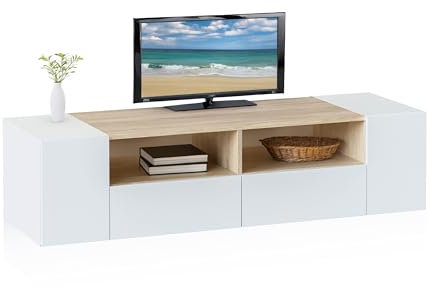 duehome | Modulo TV, Mueble de Salon, Juego de Muebles, Modelo Nima, Acabado en Blanco Artik y Roble Canadian, Medidas: 138 cm (Largo) x 42 cm (Fondo) x 36 cm (Alto)