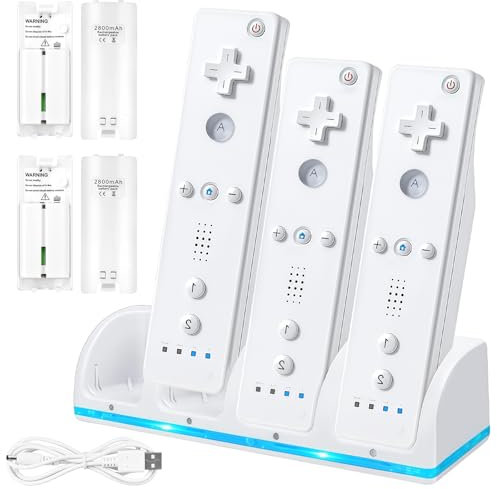 WIYETY Stazione di ricarica per telecomando Wii: caricatore controller 4 in 1, caricatore 4 porte con 4 batterie ricaricabili da 2800 mAh per telecomando Wii/Wii U