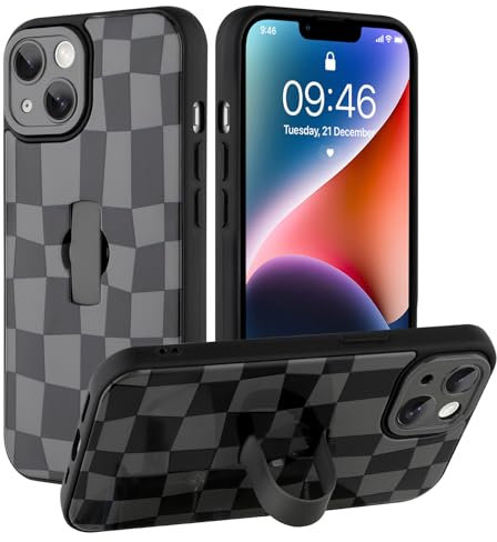 SOKAD for iPhone 14 Case with Finger Strap Kickstand, Cute Checkered Checkerboard Phone Case with Finger Hand for Women Men, Slim Full Camera Protection Shockproof Case Cover, Black